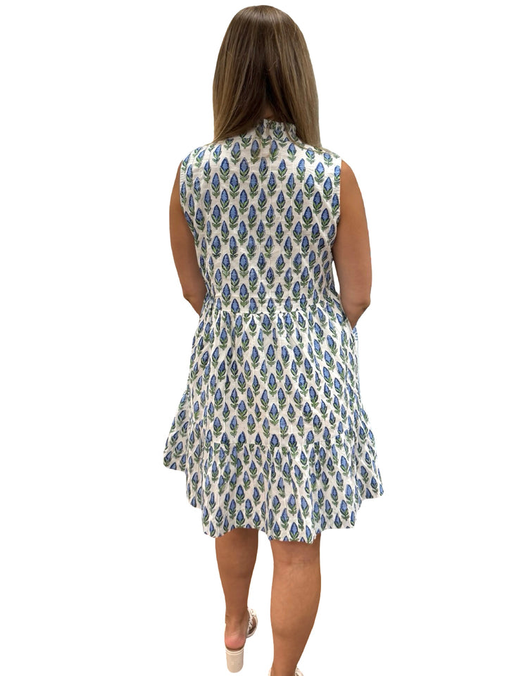The Bennett Sleeveless Cotton Dress in Blue Hand Block Printed Blue Tulip Floral — view 5