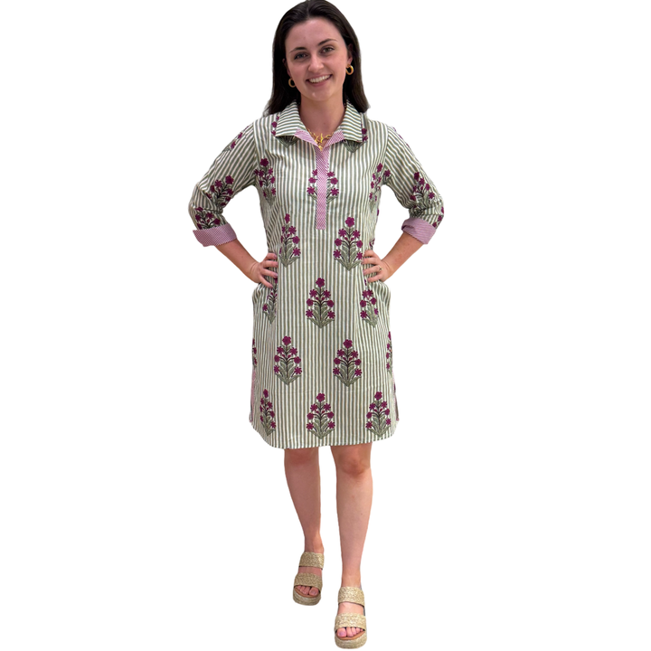 The Lisette Cotton Green Striped Floral Side Pocket Dress