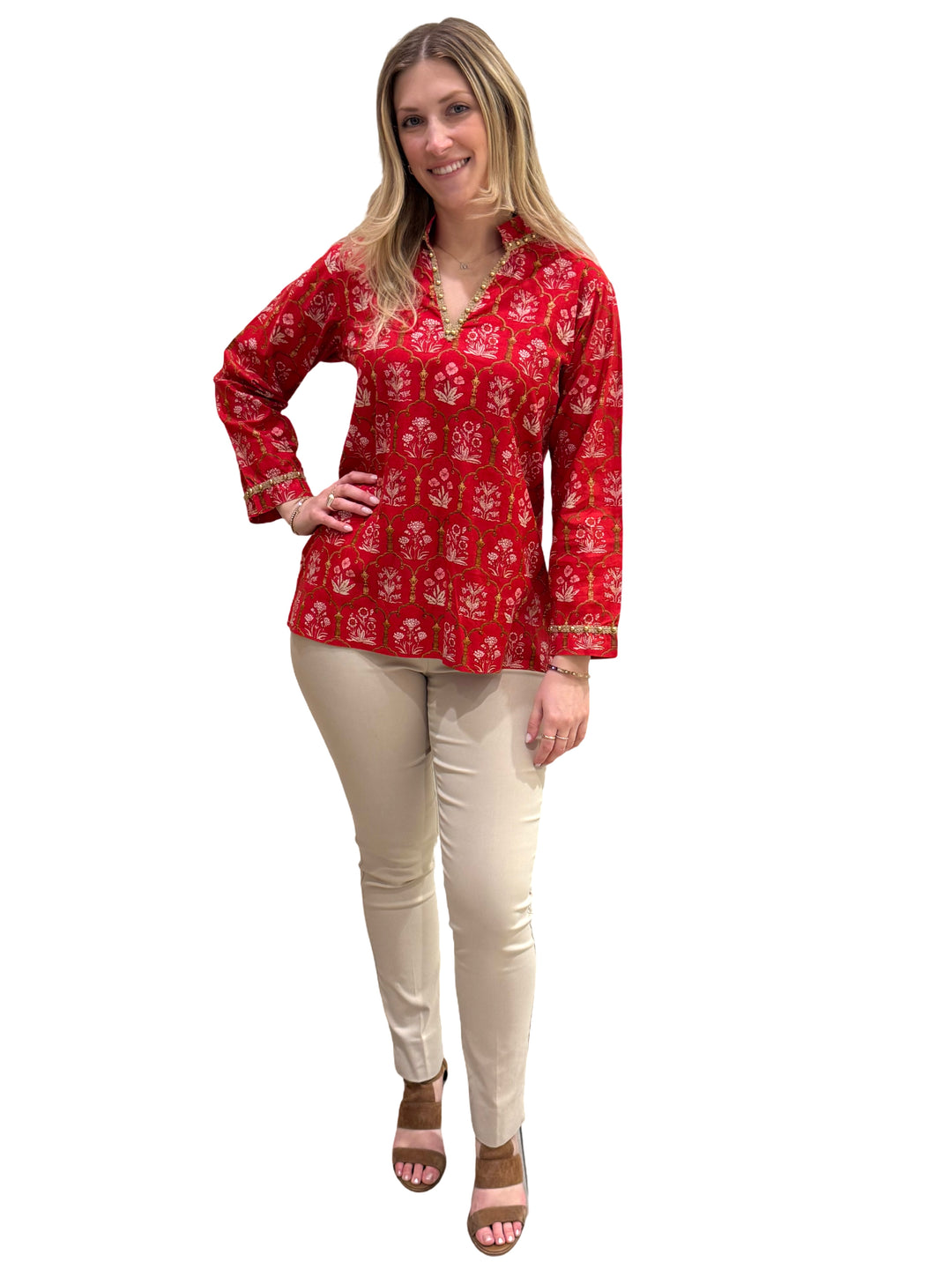 The Winslow Gold Bead Trim Tunic in Red