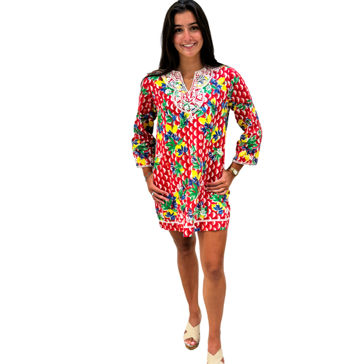 The Key Largo Embroidered Tunic in Red and White Geometric Floral — view 4