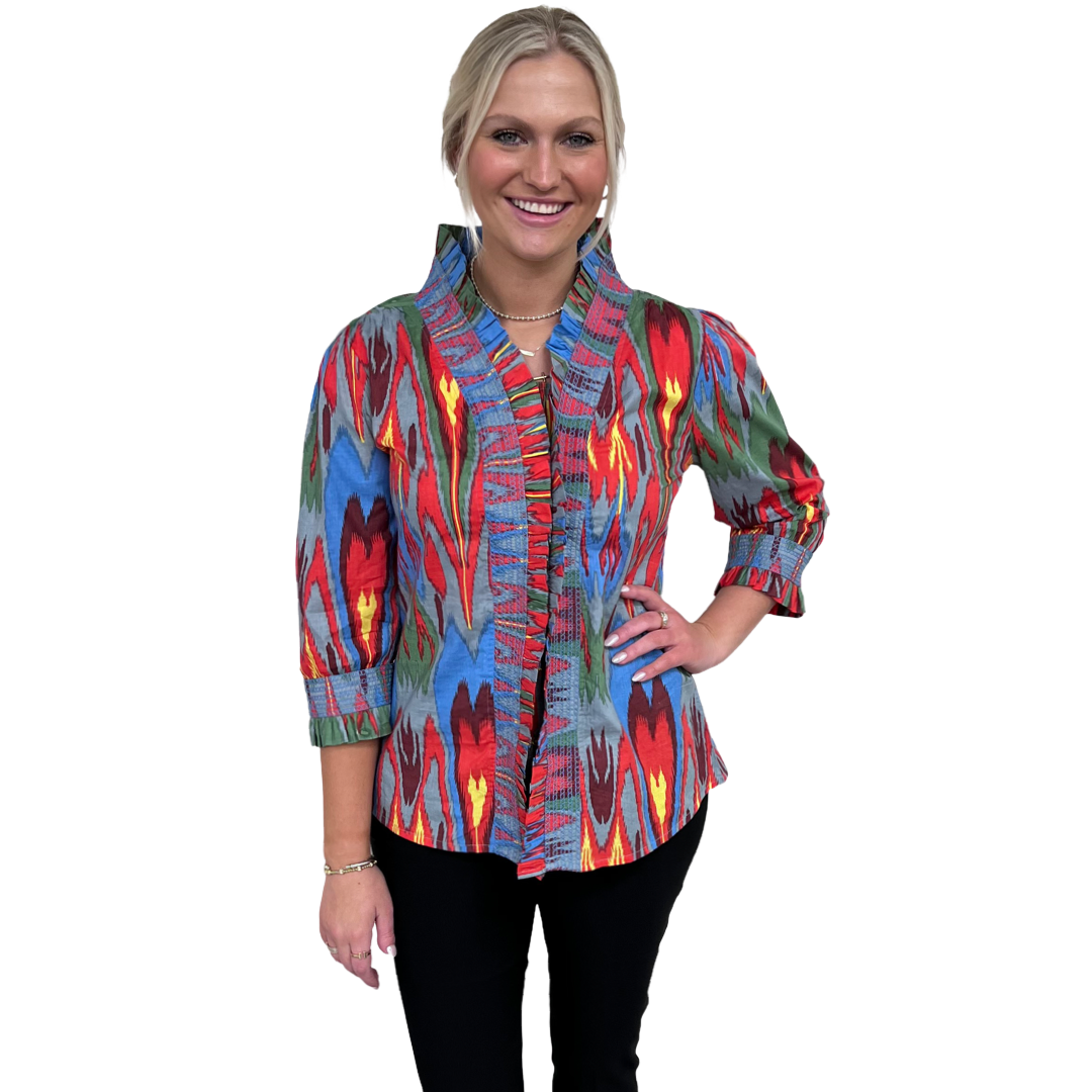 The Amelia Ruffle Front Top in Multicolored Cotton Ikat