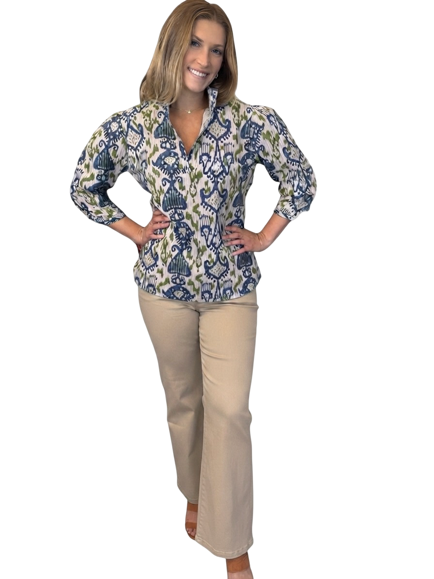 The Shipley Top in Green Blue Ikat Cotton
