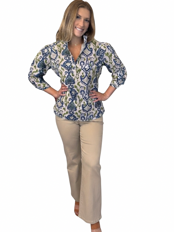 The Shipley Top in Green Blue Ikat Cotton