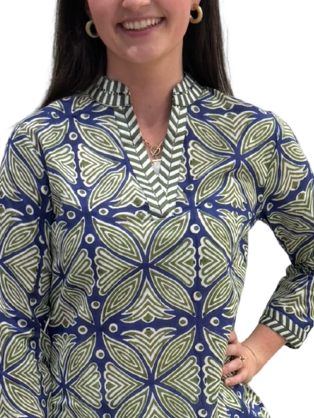 The Brie Embroidered Trim Tunic in Navy Green — view 3