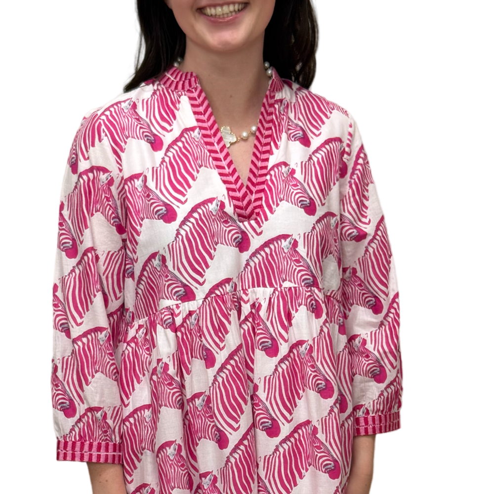 The Show Your Stripes Morley Embroidered Trim Dress in Pink and White Zebra Print — view 2