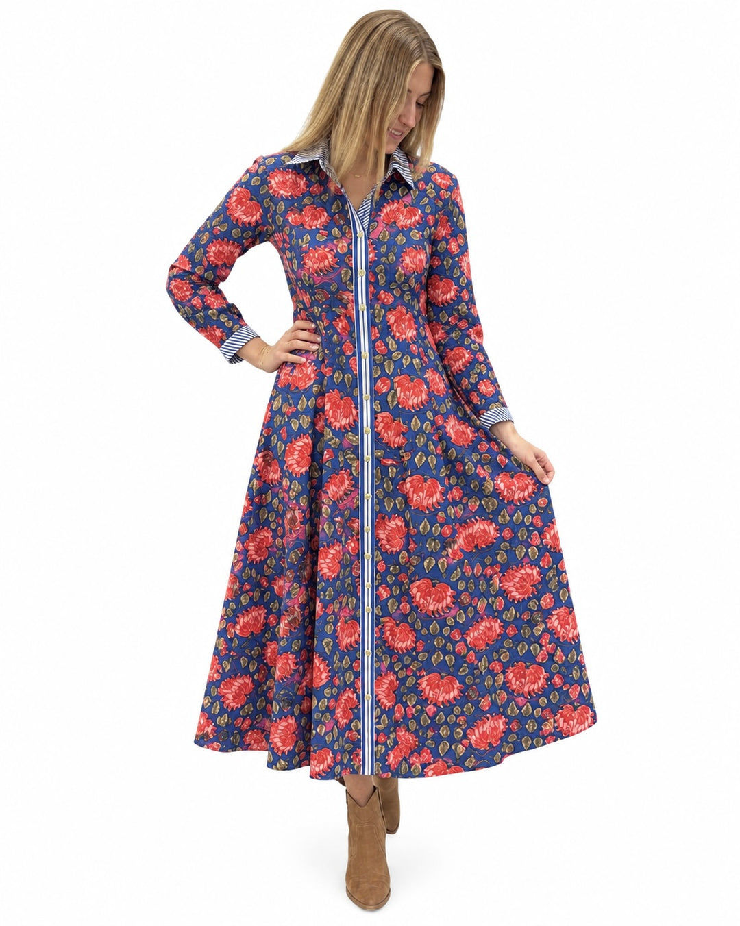The Marion Button Front Dress in Blue Red Floral Print