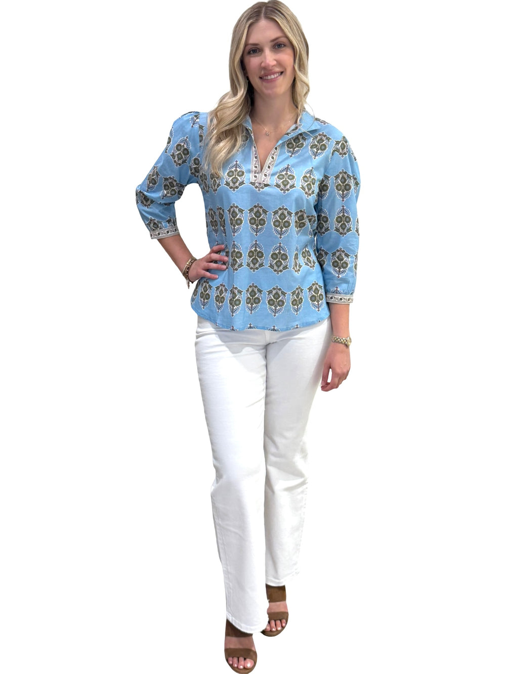 The Missy Cotton Border Print Top in Turquoise Floral — view 2