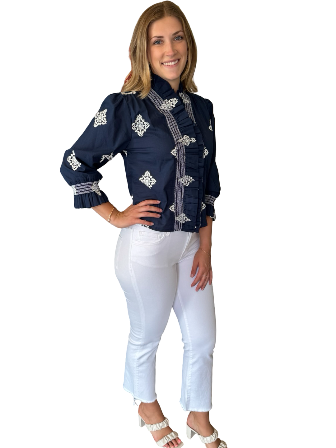 The Amelia Smocked Ruffle Top in Navy with White Embroidery — view 5