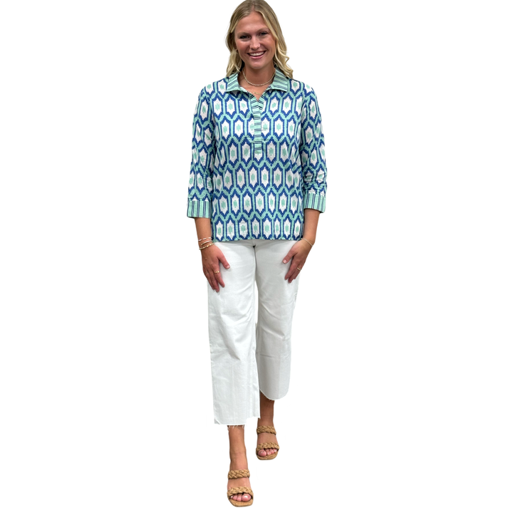 The Lisette Top in Green Blue Ikat — view 3