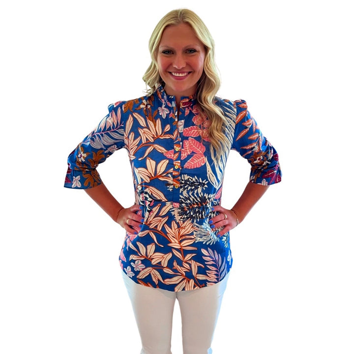 The Eleanor Button Placket Top in Brilliant Blue Floral — view 3
