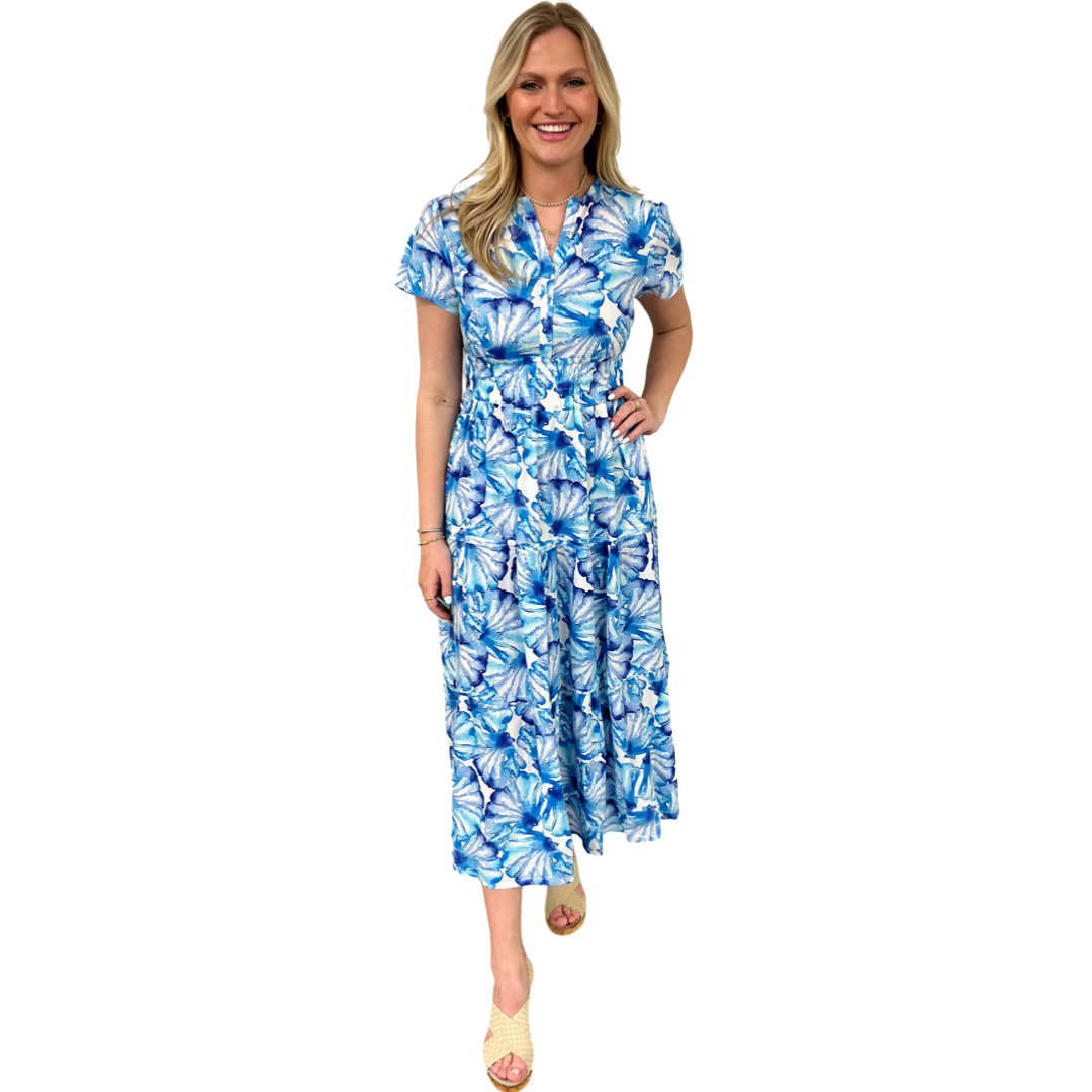 The Sydney Cinched Waist Blue White Shell Print Dress