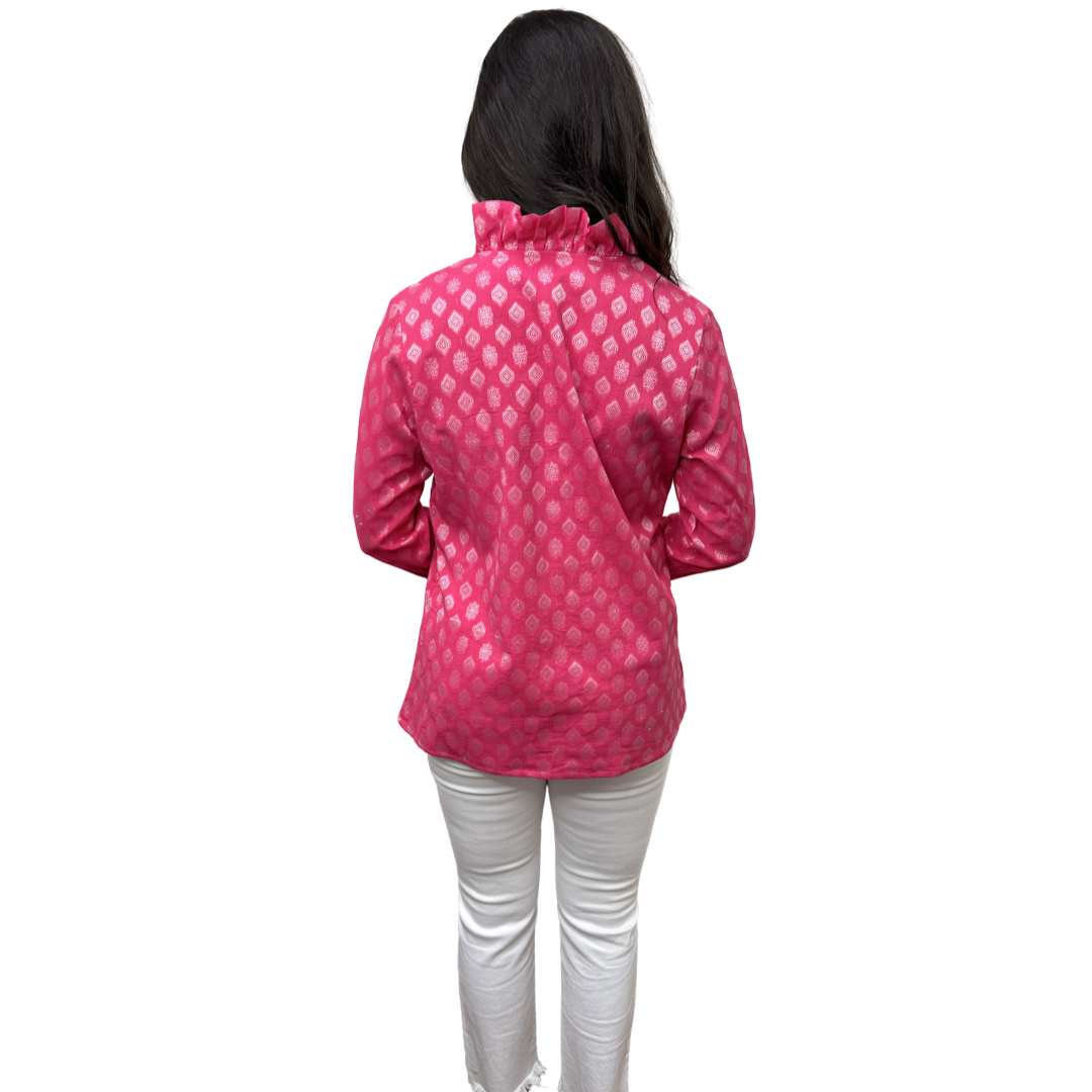 The Daley Ruffle Neck Collar Tunic Top in Pink and White — view 7