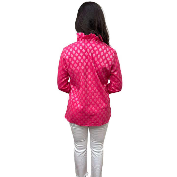 The Daley Ruffle Neck Collar Tunic Top in Pink and White — view 7