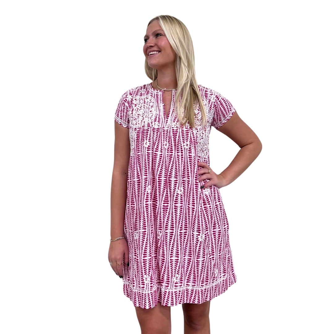 The Key Biscayne Embroidered Shift Dress in Pink and White Hand Block Cotton — view 3