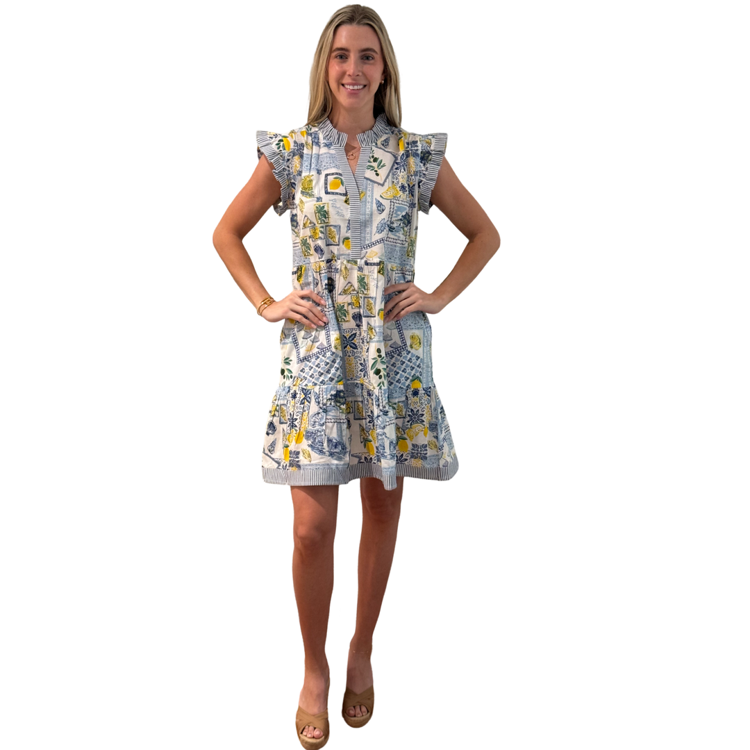 The Campbell Cotton Flutter Sleeve Dress in Blue Lemon Patch Print — view 2