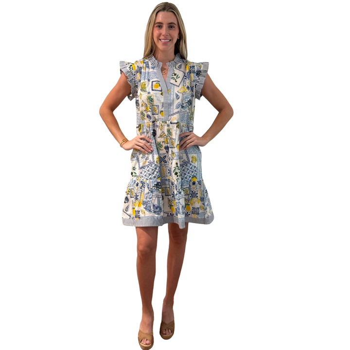 The Campbell Cotton Flutter Sleeve Dress in Blue Lemon Patch Print — view 2