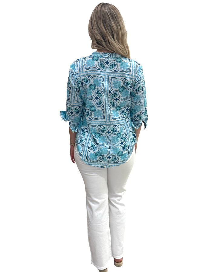 The Elliott Cotton Top in Aqua Tile Print — view 5