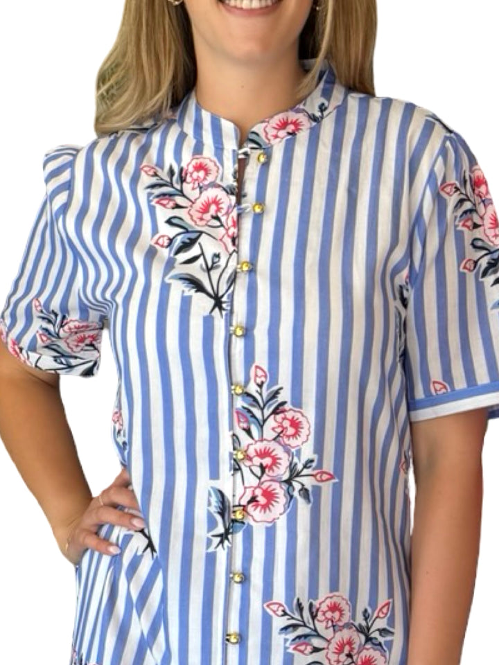 The Tabitha Short Sleeve Cotton Button Front Dress in Periwinkle Striped Floral — view 4