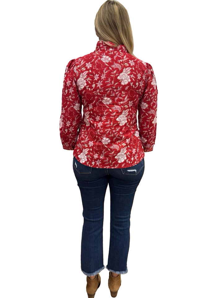 The Missy Hand Block Printed Floral Top in Red