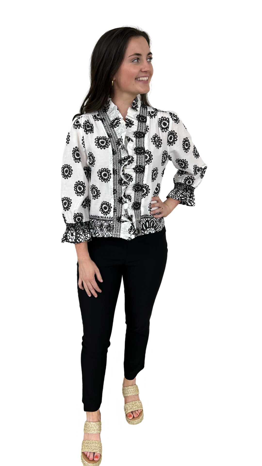 The Amelia Ruffle Front Top in Optic Black White Border Print — view 2