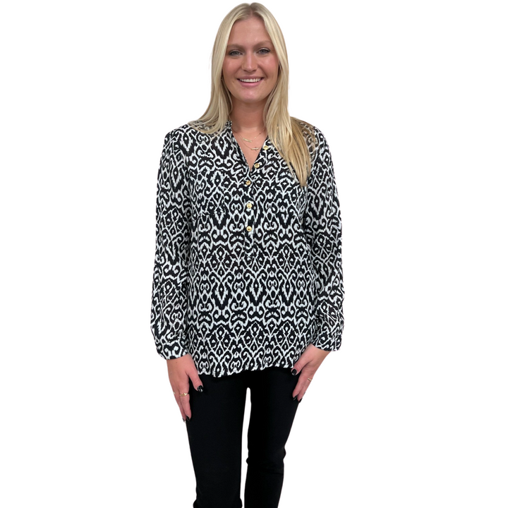 The Gretchen Black and White Ikat Top in Rayon Crepe — view 3
