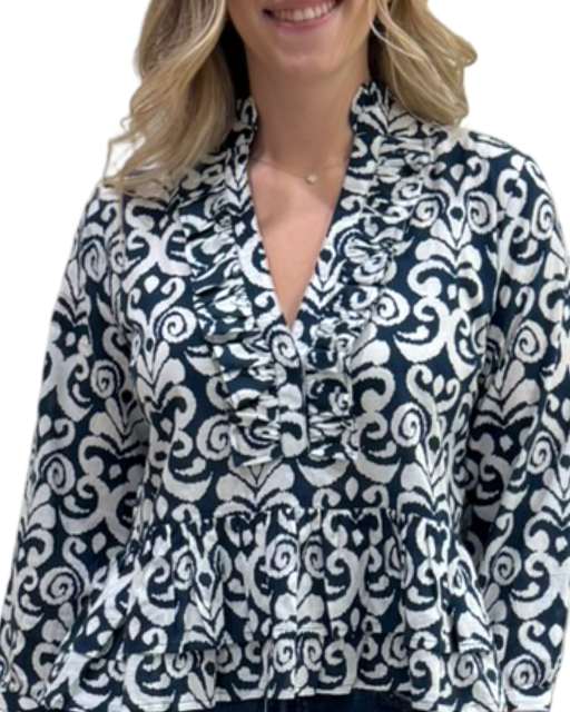 The Bella Cotton  3/4 Sleeve Top in Navy and White — view 4