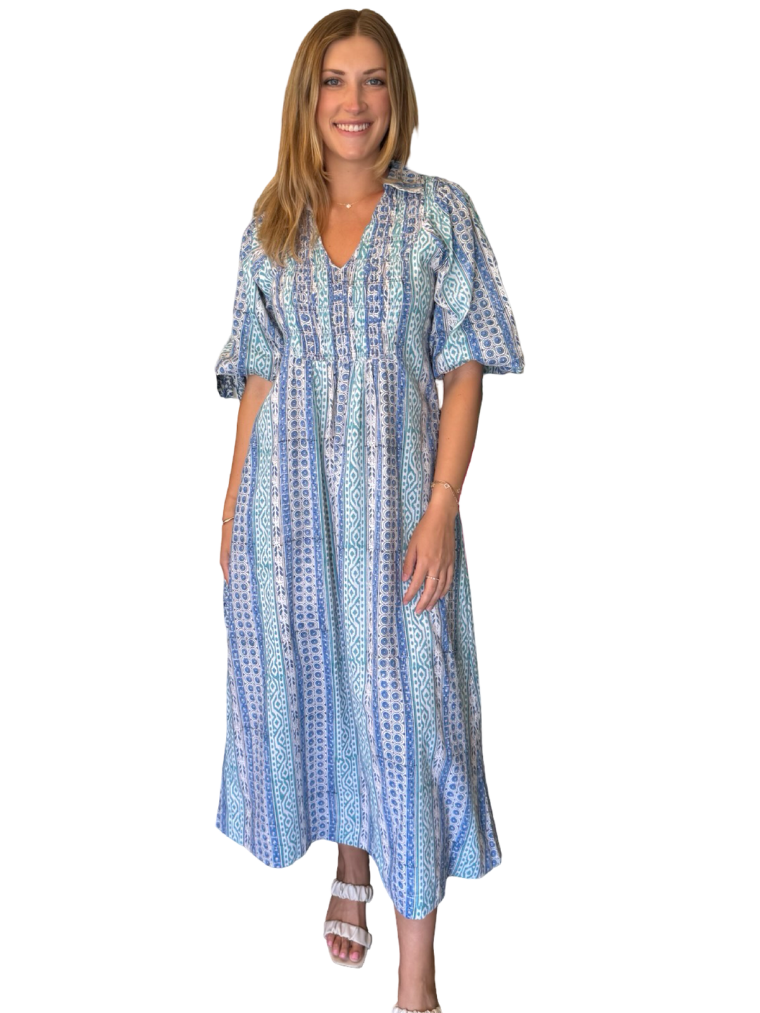 The Joanie Smocked Dress in Multi Green Blue — view 4