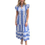The Campbell Flutter Sleeve Dress in Blue Fern Stripe