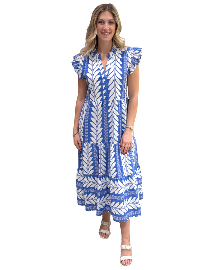 The Campbell Flutter Sleeve Dress in Blue Fern Stripe