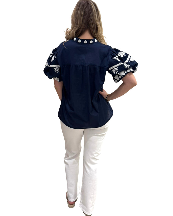 The Kelly Embroidered Top in Navy Blue and White — view 4