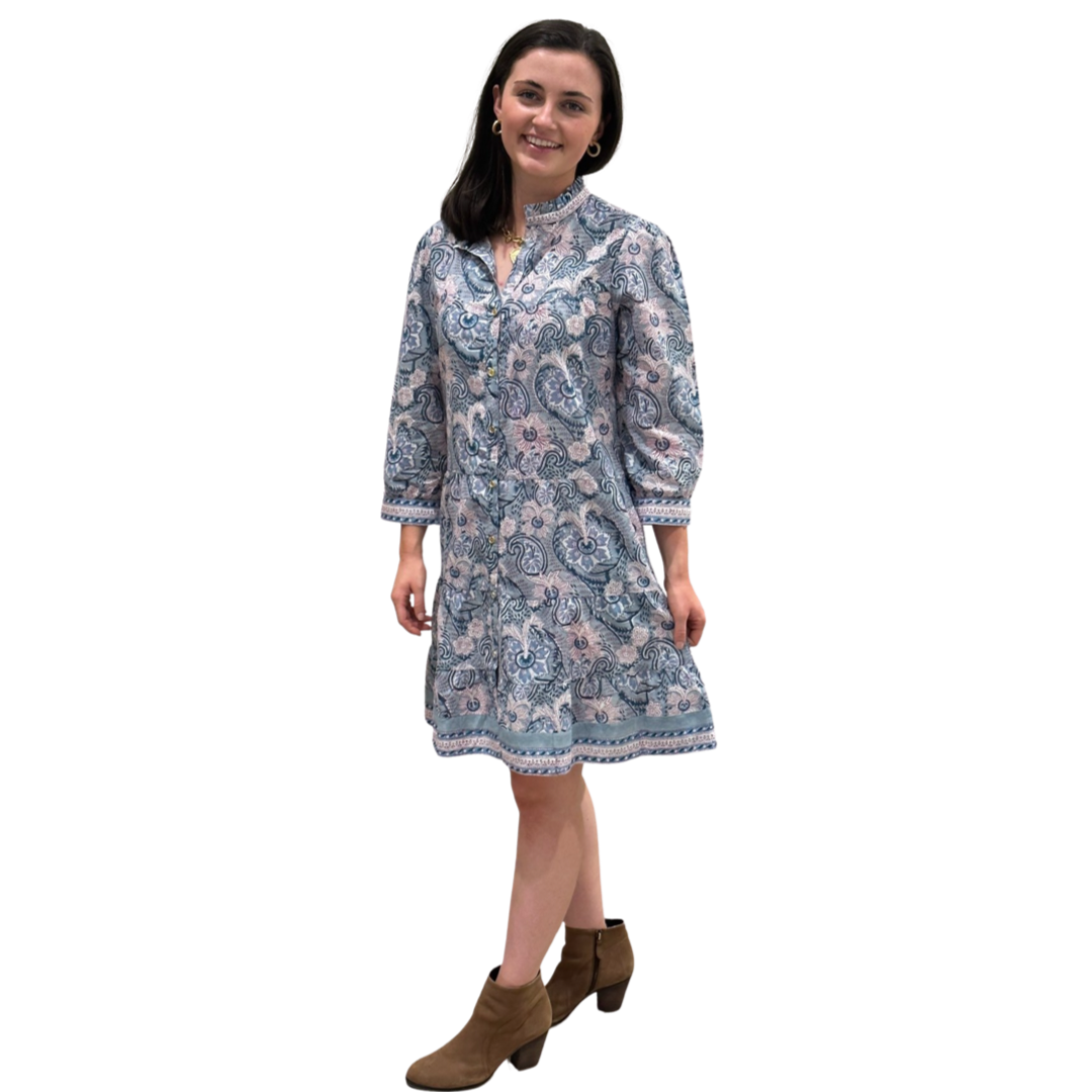 The Lacey Button Front Block Print Cotton Dress in Sage Green — view 3