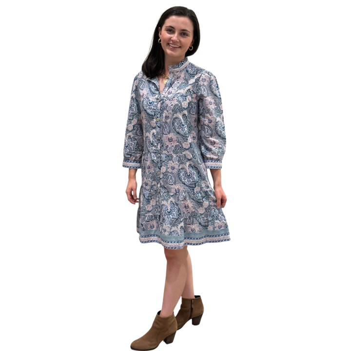The Lacey Button Front Block Print Cotton Dress in Sage Green — view 3
