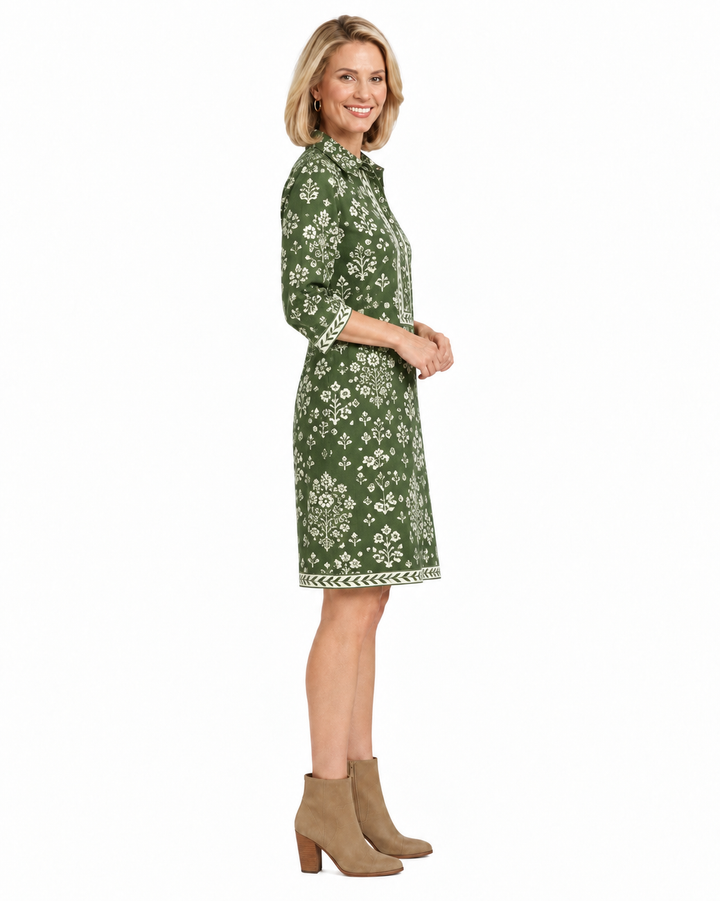 The Annika Button Front Dress in Olive Green and White
