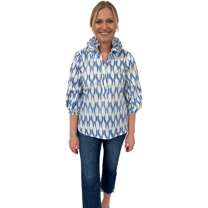 The Maria Ruffle Neck Cotton Blouse in Blue and White Ikat — view 3