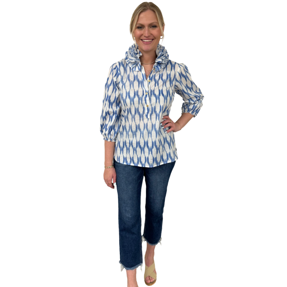 The Maria Ruffle Neck Cotton Blouse in Blue and White Ikat — view 2