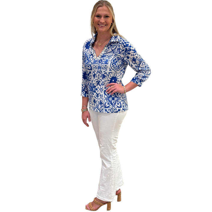 The Carly White Blue Mosaic Print Top — view 3