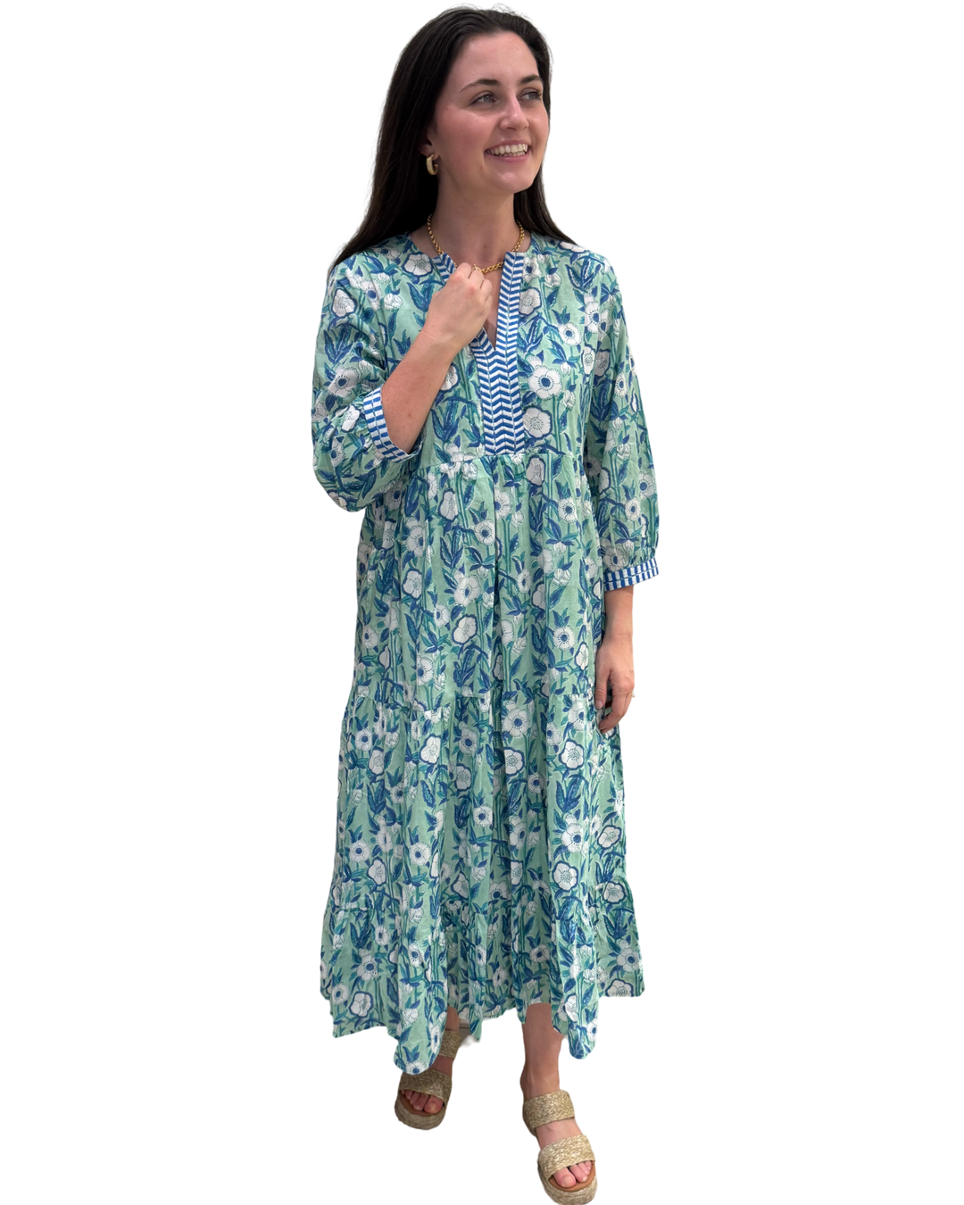 The Daniella Emboidered Trim Dress in Aqua Blue Hand Block Printed Floral — view 4