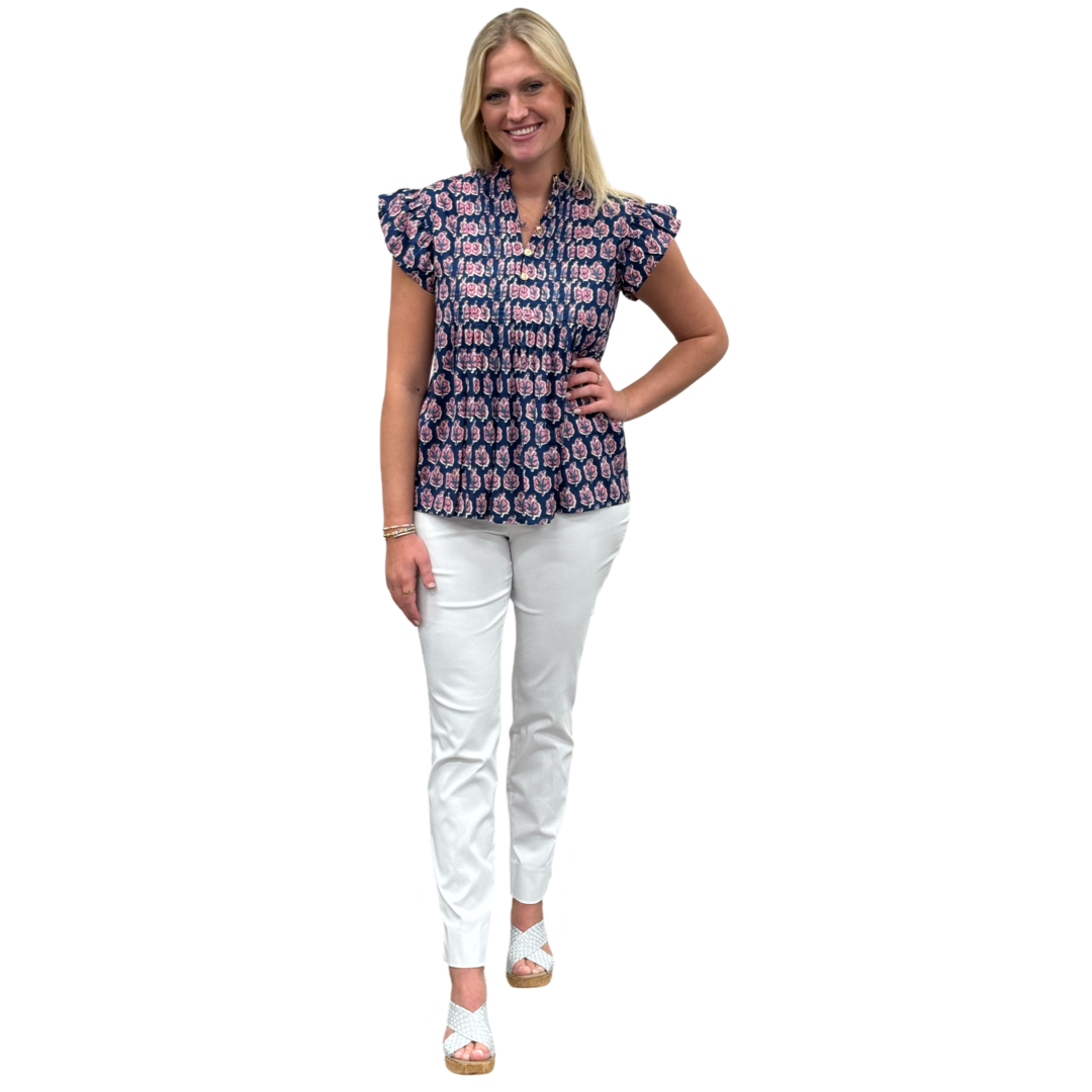 The Ava Pin Tuck Flutter Sleeve Top in Navy and Pink Floral — view 4