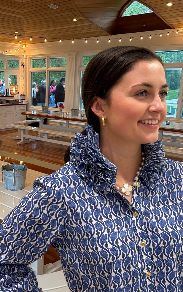 The Maria Ruffle Neck Collar Blouse in Blue Hand Block Cotton — view 8