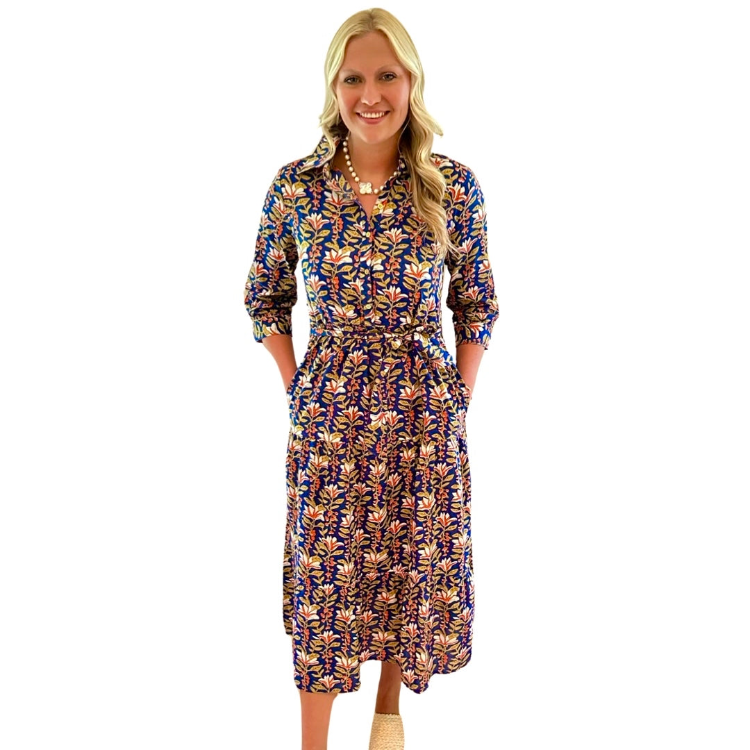 The Remington Cotton Block Print Dress in Blue Hand-Block Printed Floral — view 2