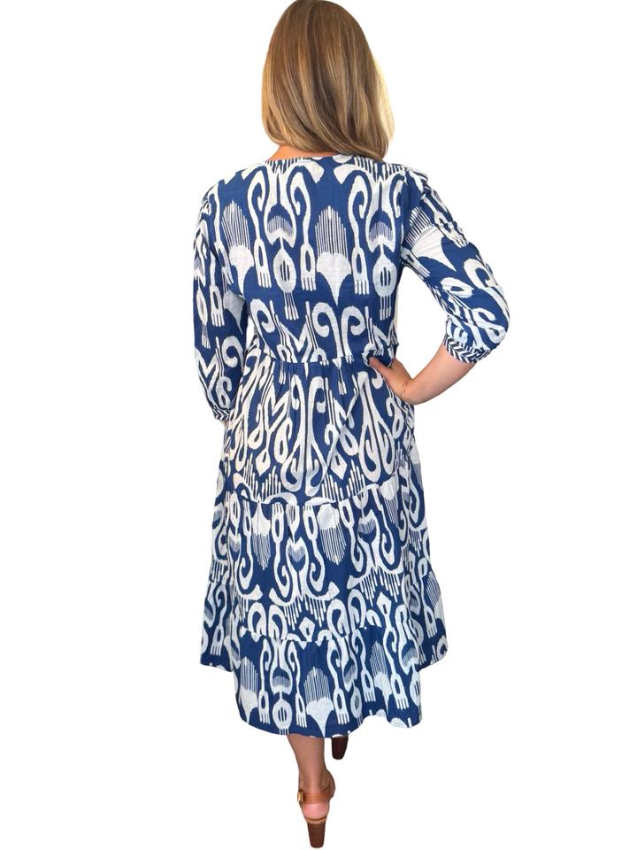 The Daniella Embroidered Trim Dress in Royal Blue Ikat