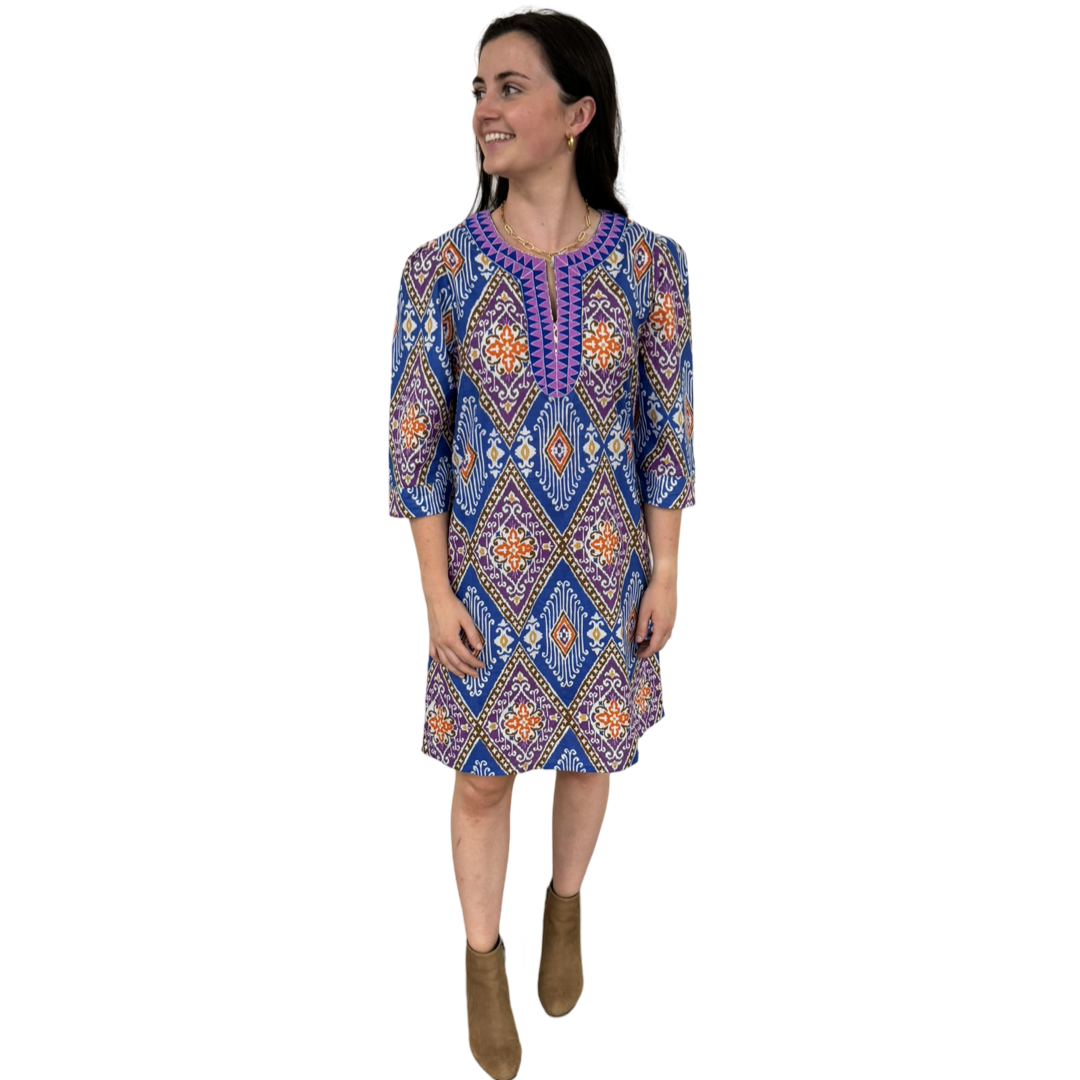 The Merrill Lavender Ikat Embroidered Trim Tunic Dress — view 5