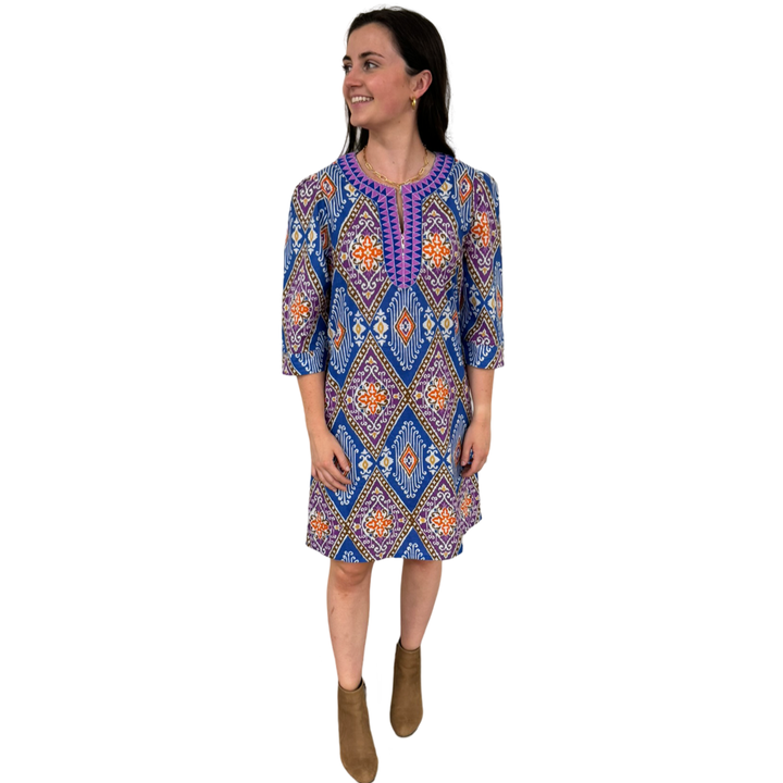 The Merrill Lavender Ikat Embroidered Trim Tunic Dress — view 5