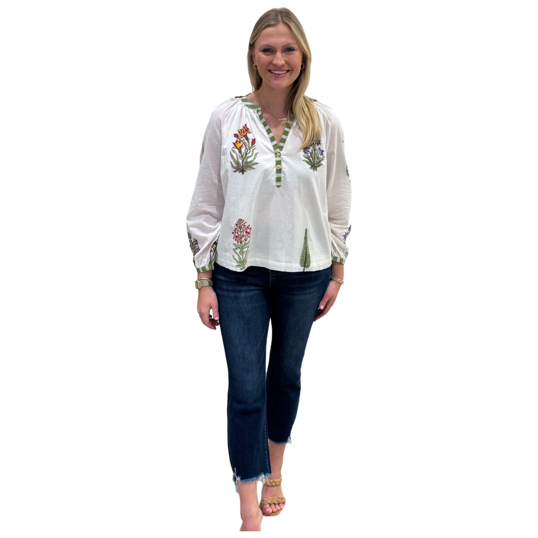 The Chandler Striped Trim Floral Hand Block Top — view 3