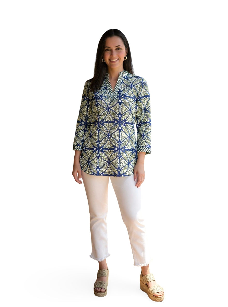 The Brie Embroidered Trim Tunic in Navy Green