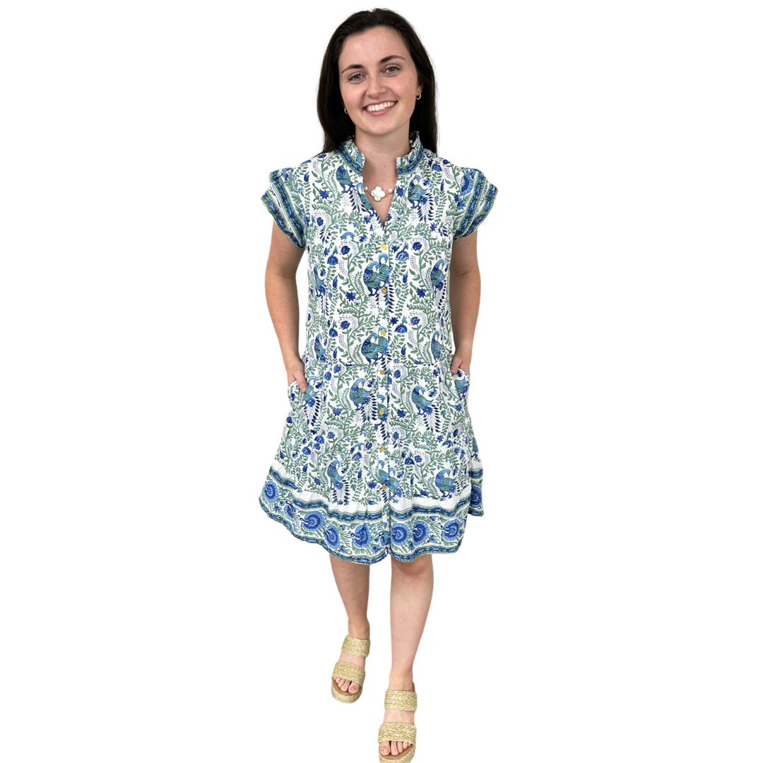The Lacey Geen and Blue Border Print Cotton Dress — view 4