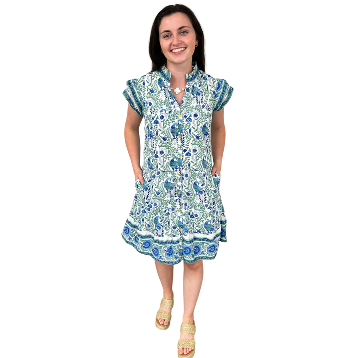 The Lacey Geen and Blue Border Print Cotton Dress — view 4