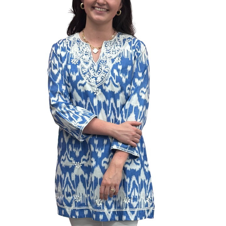 The Key Largo Embroidered Tunic in Blue and White Ikat — view 3