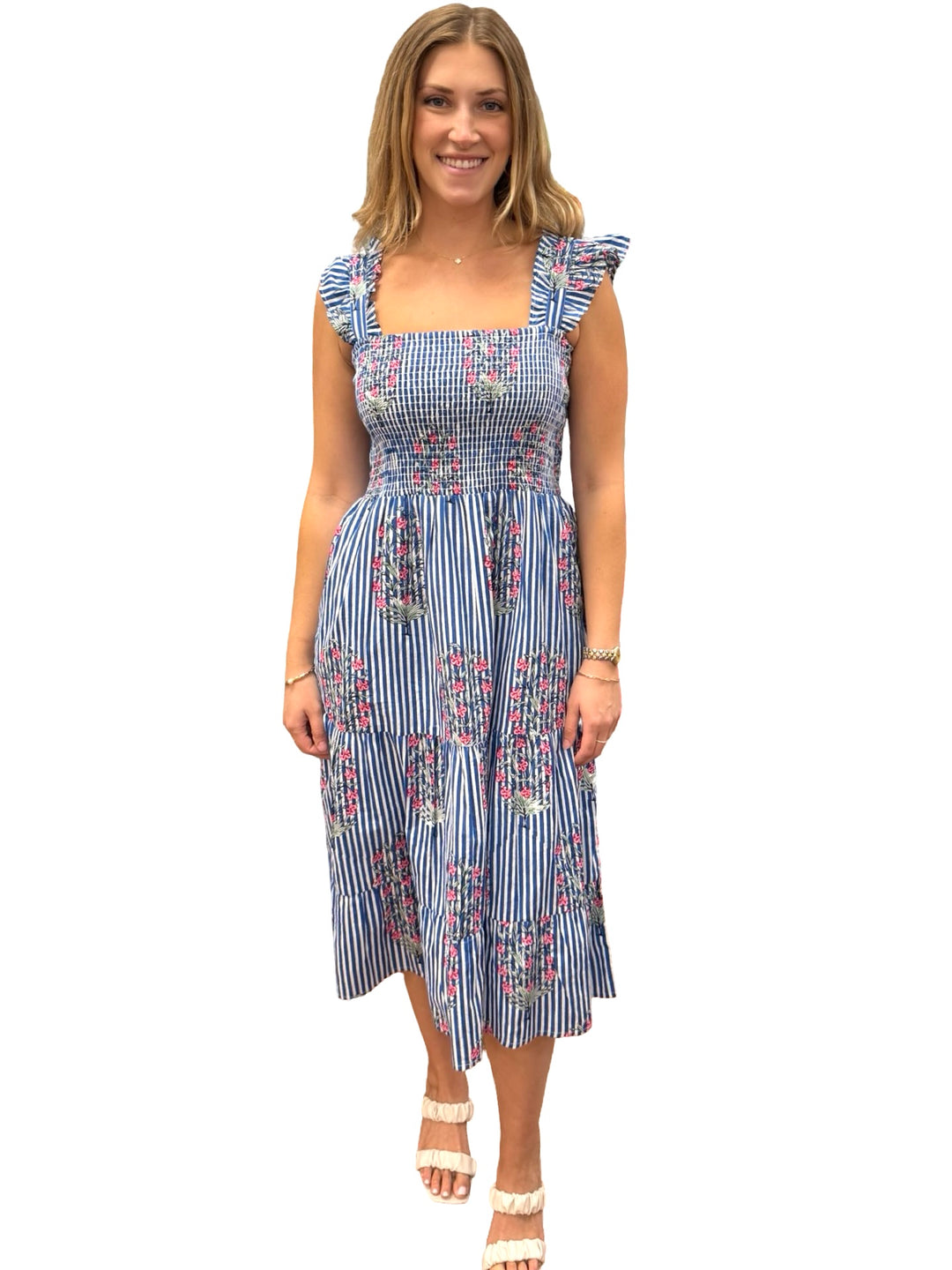 The Cloey Smocked Cotton Midi Dress in Blue Striped Pink Tulip Floral — view 4