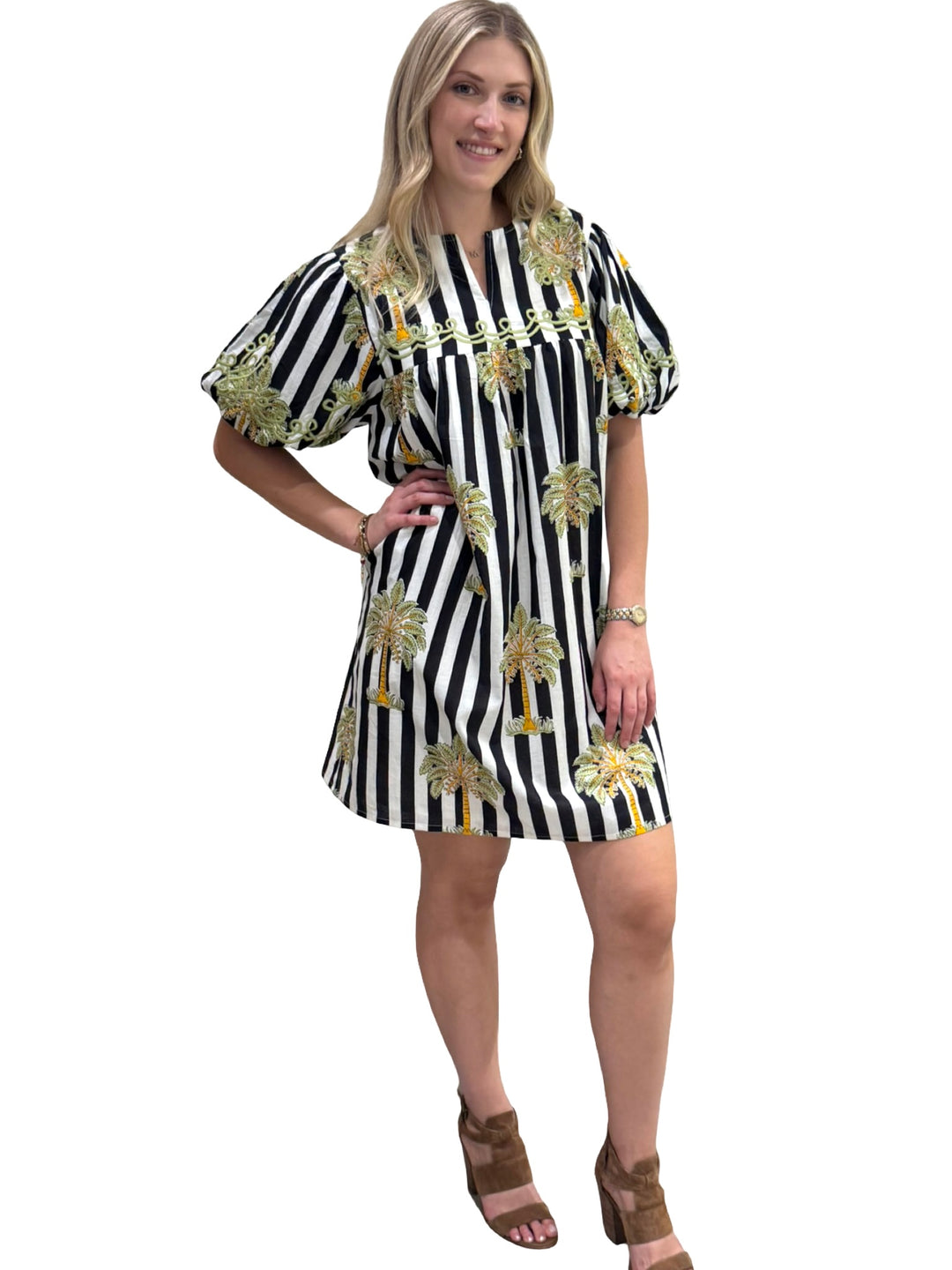 The Poppy Striped Palm Print Dress in Black and White — view 4
